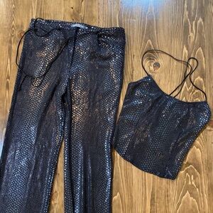 Vintage Y2K Bisou Bisou Snakeskin Matching Set Co-ord with Flared Pants Lace Up